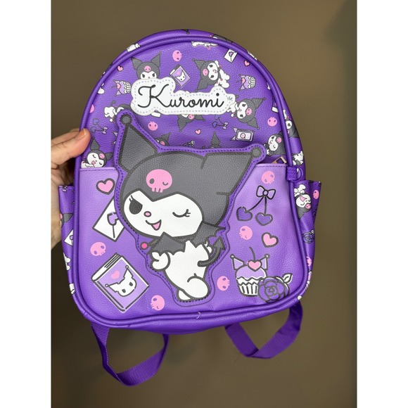 Sanrio Handbags - Sanrio Kuromi Mini Backpack Purple All Over Print Faux Leather Bag Skull Zip